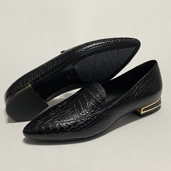 Aquatalia Shoes - Aquatalia Women’s Loafer Perci Gold Black Crocodile Embossed Leather Size 5 $350